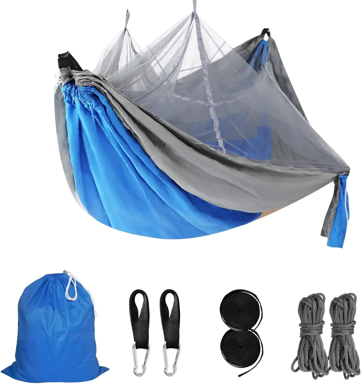 Camping Hammock with Mosquito Net, 8.5 Ft Single Portable Lightweight Nylon Hammocks with 2 Adjustable Tree Straps for Backpacking, Travel, Beach, Backyard, Hiking (Blue/Gray)