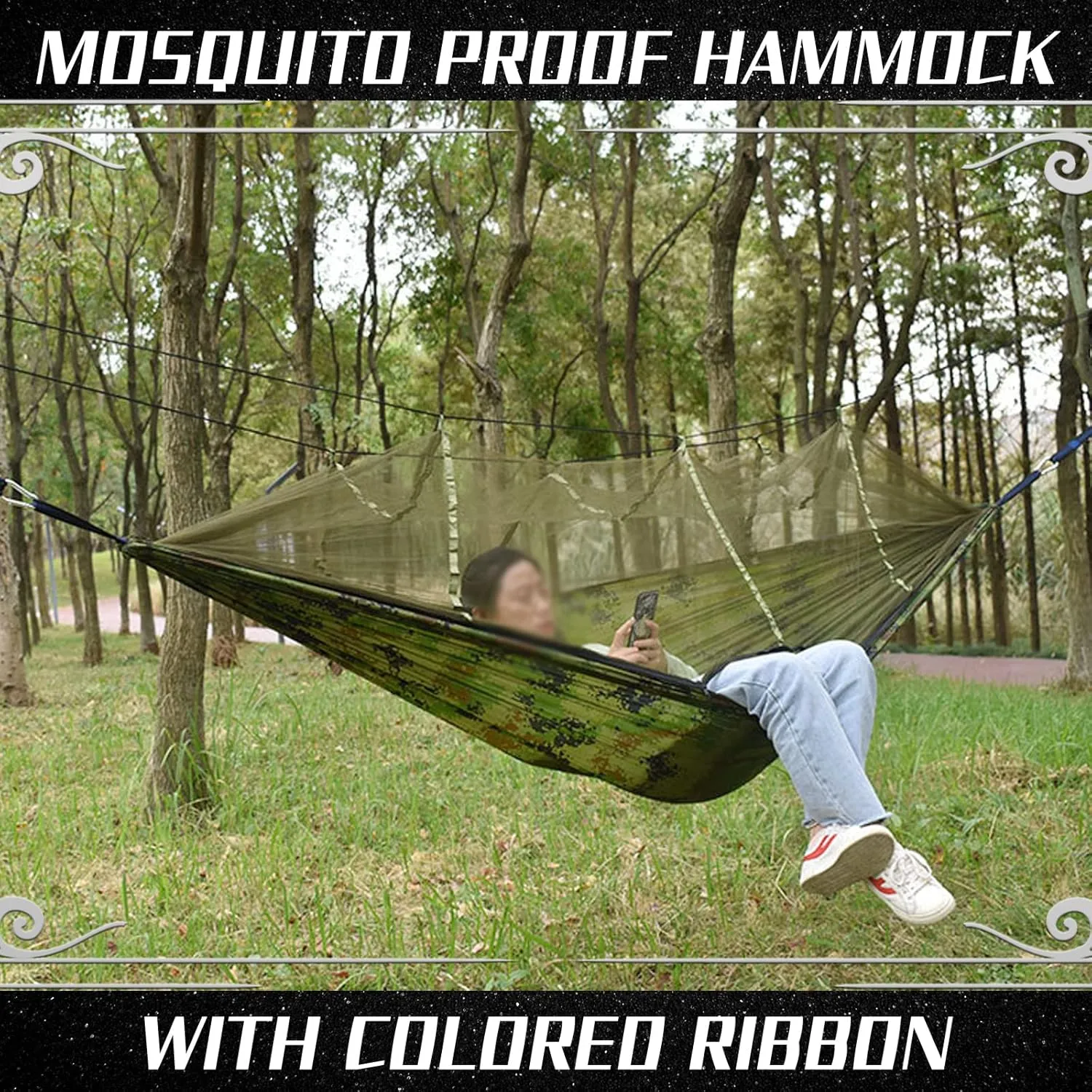 Camping Hammock with Mosquito Net - Ultra Lightweight Durable Double Travel Hammock 210T Parachute Nylon for Outdoor Camping Accessories-Red with Black