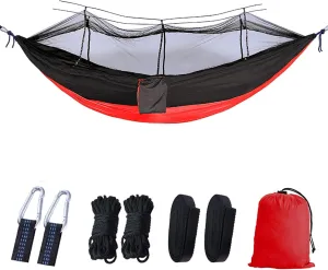 Camping Hammock with Mosquito Net - Ultra Lightweight Durable Double Travel Hammock 210T Parachute Nylon for Outdoor Camping Accessories-Red with Black