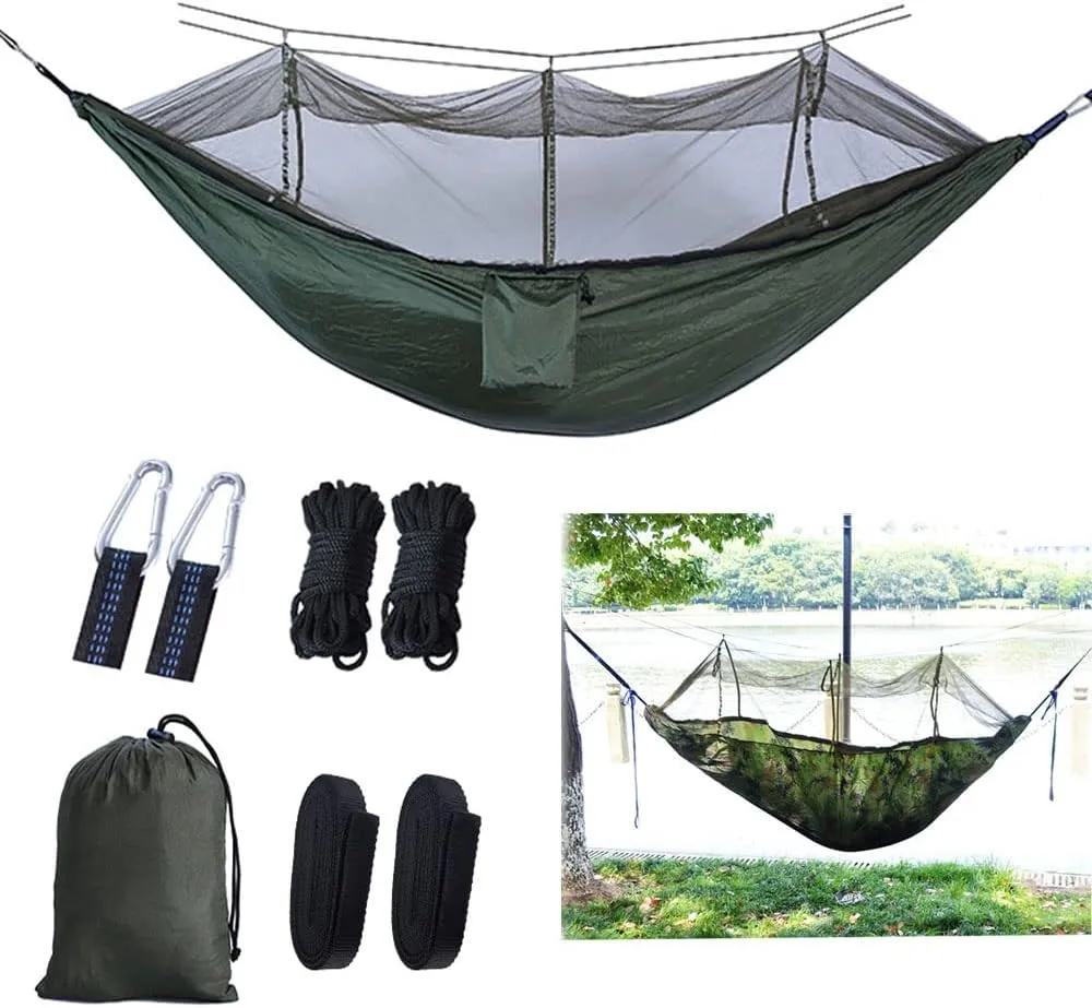 Camping Hammock with Net,Single & Double Tree Hammock Net, Lightweight Nylon Portable Hammock for Outdoor Camping, Lightweight Tree Hammocks (B-Army Green)