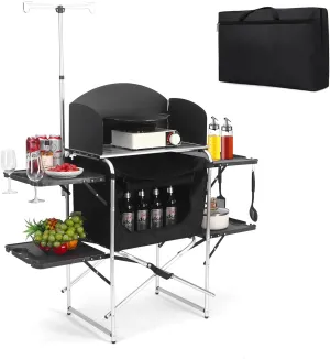 Camping Kitchen Table, Outdoor Cooking Table with 4 Panels & Storage Bag, Aluminum Folding Cooking Station, Heat Resistant Tabletop, Carrying Bag, Quick Set-up for RV,BBQ,Picnic,Traveling