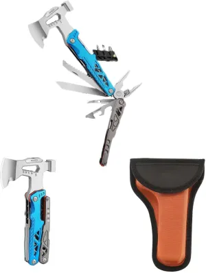 Camping multi-tool axe 17 in 1 upgraded outdoor camping tool with hammer pliers saw rope cutter screwdriver bottle opener igniter sheath and other multi-tool axe (blue), DGNFT-001