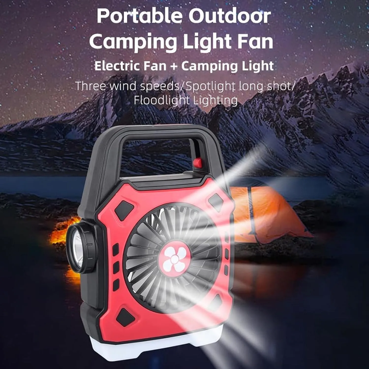 Camping Portable Fan USB Lantern Rechargeable Portable Fan Multifunctional Adjustable Lighting Hanging Design Tent Fan (Red)