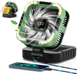 Camping Rechargeable Fan 10000mAh Battery Operated Tent Fan with LED Lantern,120°Head Rotation, Hanging Hook,Timer, 6 Speed Solar Powered for Outdoor Travel Beach Home (Green)
