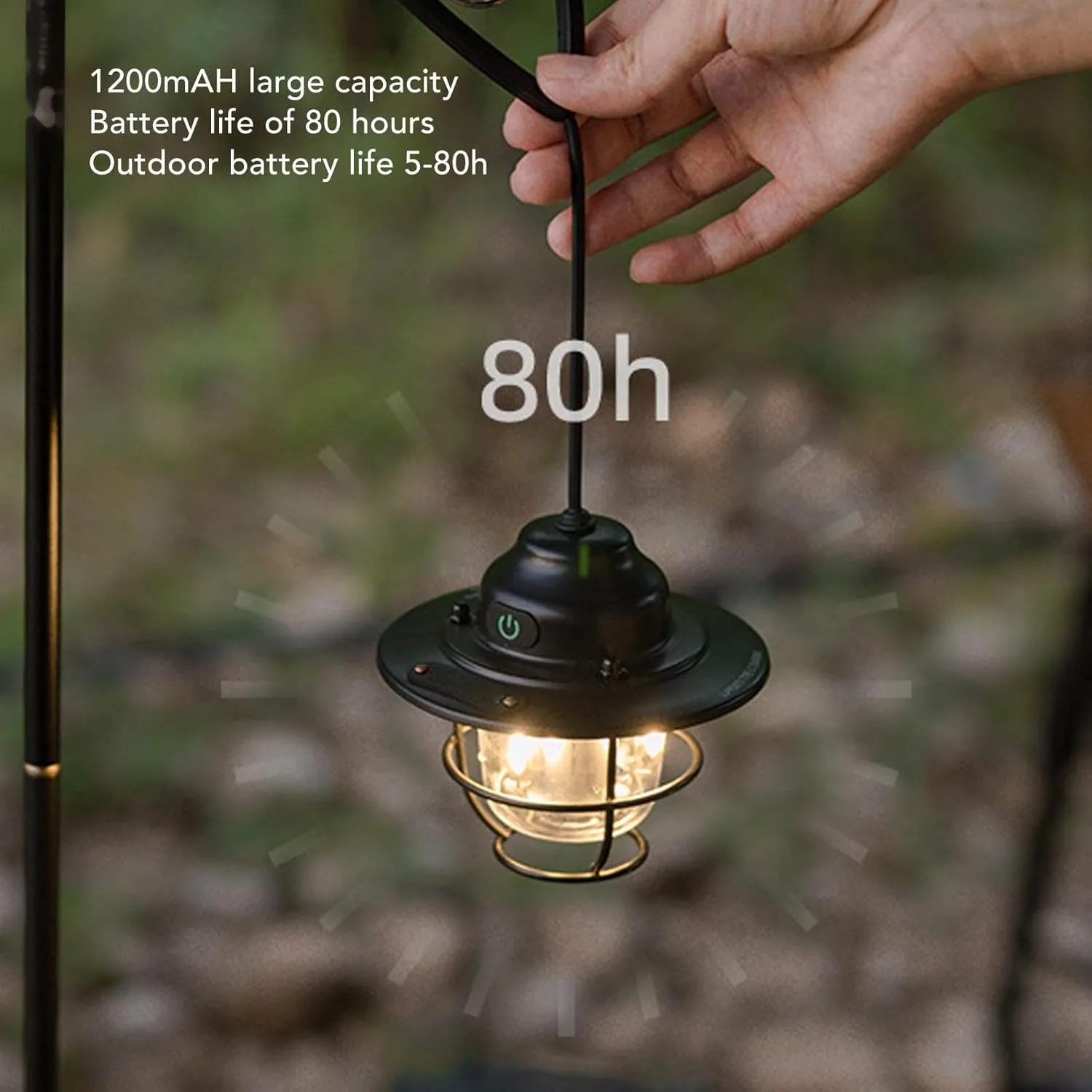 Camping Tent Lanterns Night Light, 1200mAh 2.0W Dimmable Retro Rechargeable Camping Lamp for Hiking, Fishing (Black)