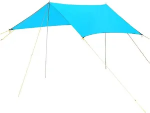 Camping Tent Tarp Waterproof 300x300cm, Sky Blue Rain Fly with Poles, Ropes & Pegs for Outdoor Camping & Hiking