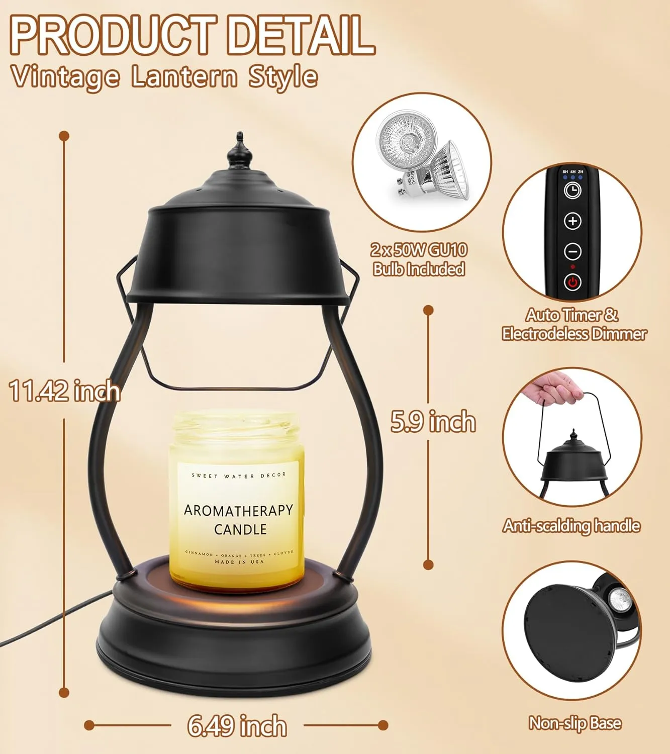 Candle Warmer Lamp, Dimmable Candle Warmer Lantern with Timer, Mothers Day Birthday Gifts for Women Mom, House Warming Gifts, Black Lantern Candle Warmer, Large Candle Lamp for New Home Bedroom Decor