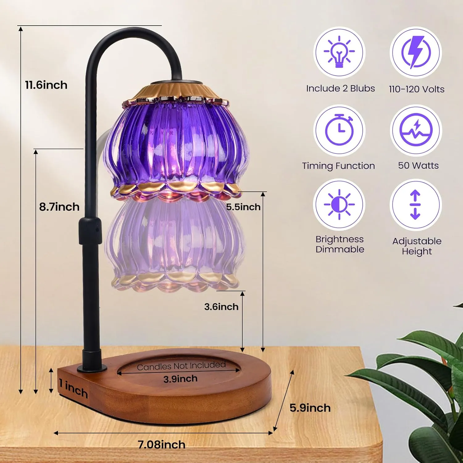 Candle Warmer Lamp with Timer, Adjustable Height Dimmable Candle Warmer Lantern, Gift for Women Glass Shade Electric Jar Candle Warming Light Holders for Home Decoration, Purple