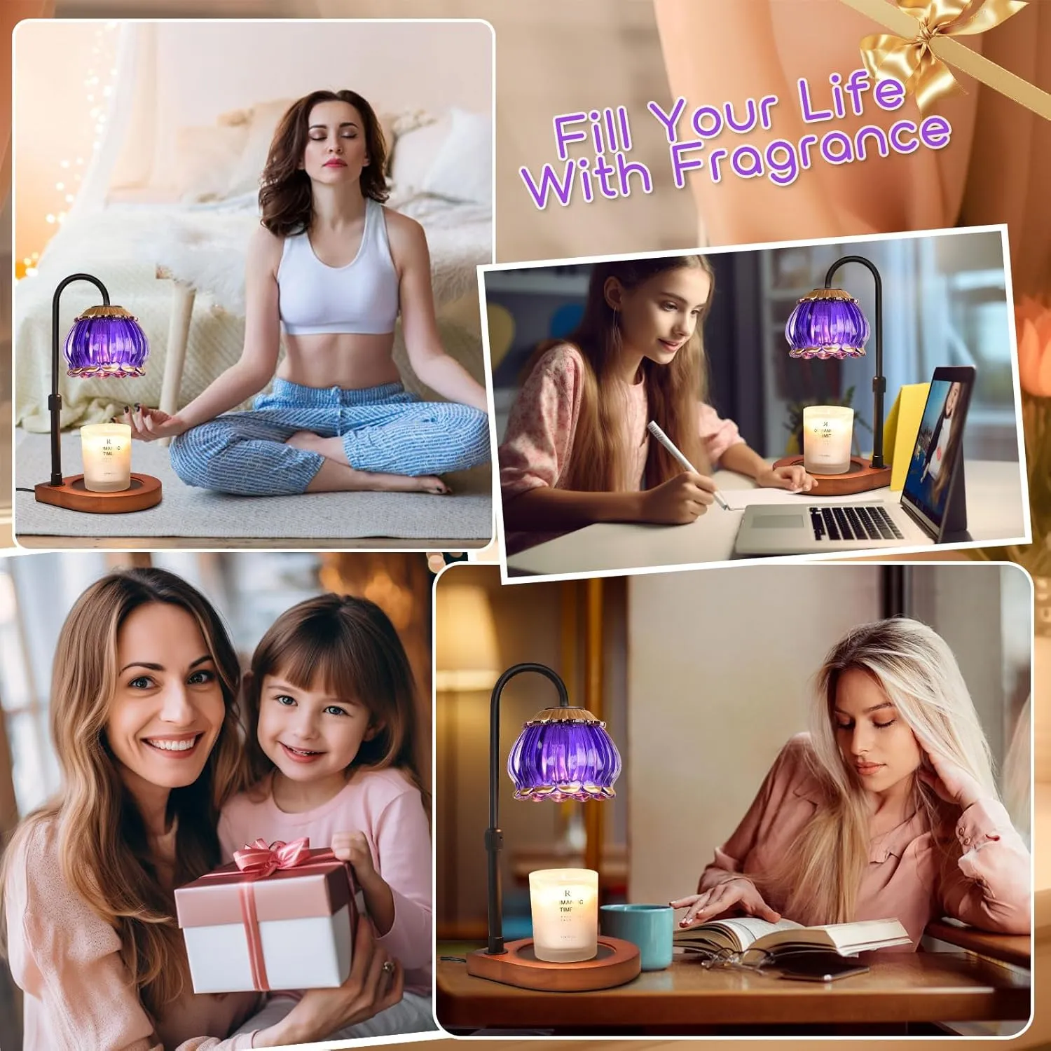 Candle Warmer Lamp with Timer, Adjustable Height Dimmable Candle Warmer Lantern, Gift for Women Glass Shade Electric Jar Candle Warming Light Holders for Home Decoration, Purple
