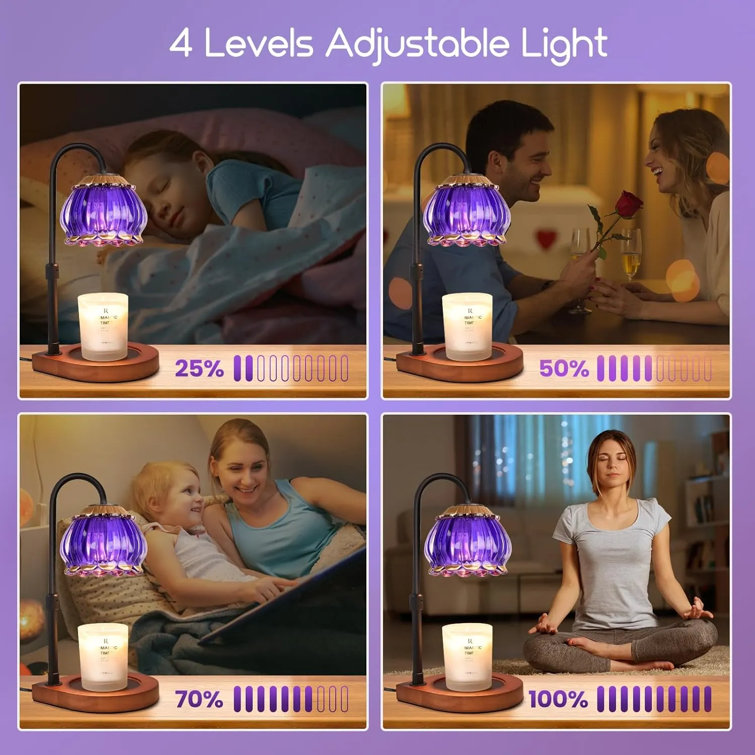 Candle Warmer Lamp with Timer, Adjustable Height Dimmable Candle Warmer Lantern, Gift for Women Glass Shade Electric Jar Candle Warming Light Holders for Home Decoration, Purple