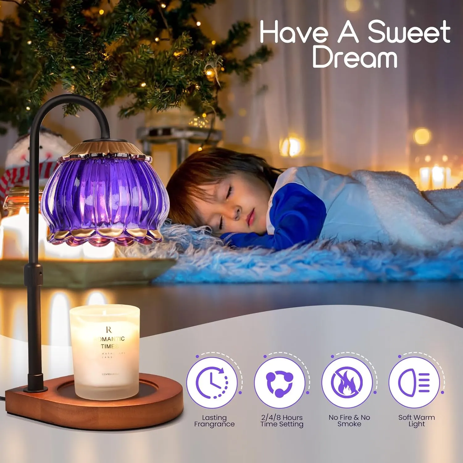 Candle Warmer Lamp with Timer, Adjustable Height Dimmable Candle Warmer Lantern, Gift for Women Glass Shade Electric Jar Candle Warming Light Holders for Home Decoration, Purple