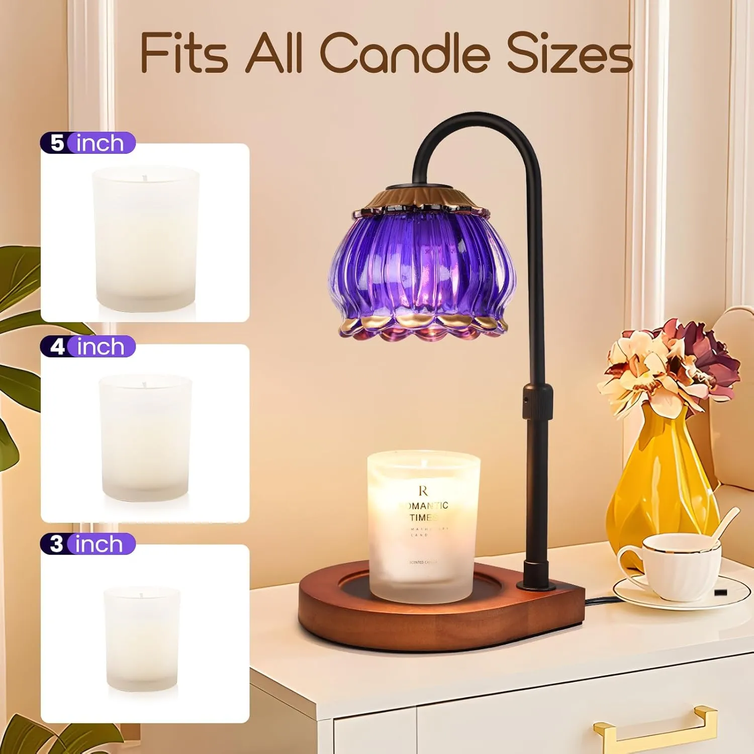 Candle Warmer Lamp with Timer, Adjustable Height Dimmable Candle Warmer Lantern, Gift for Women Glass Shade Electric Jar Candle Warming Light Holders for Home Decoration, Purple