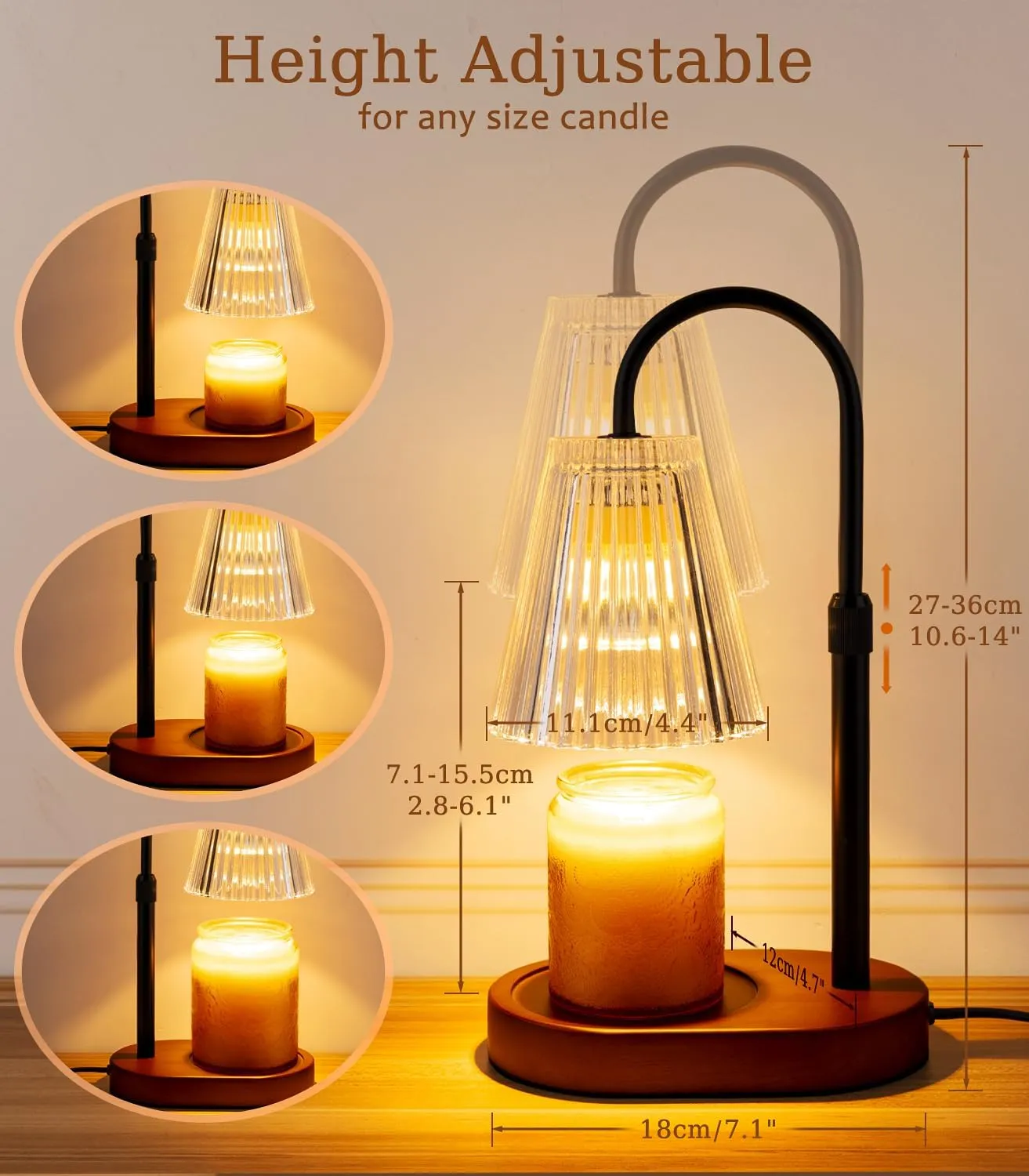 Candle Warmer Lamp with Timer - Electric Candles Wax Warmers Glass Lamps For Jar Candles Burner Adjustable Height and Dimmable Light Modern No Flame Scented Candle Warming Lantern Melter Light 2 Bulbs