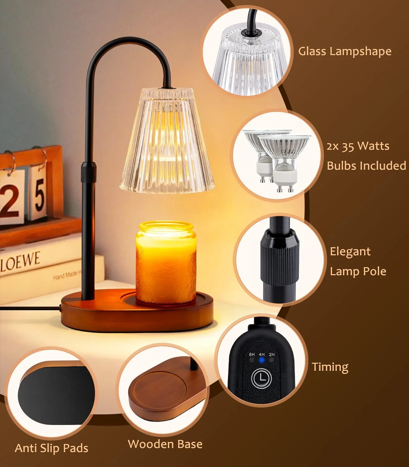 Candle Warmer Lamp with Timer - Electric Candles Wax Warmers Glass Lamps For Jar Candles Burner Adjustable Height and Dimmable Light Modern No Flame Scented Candle Warming Lantern Melter Light 2 Bulbs