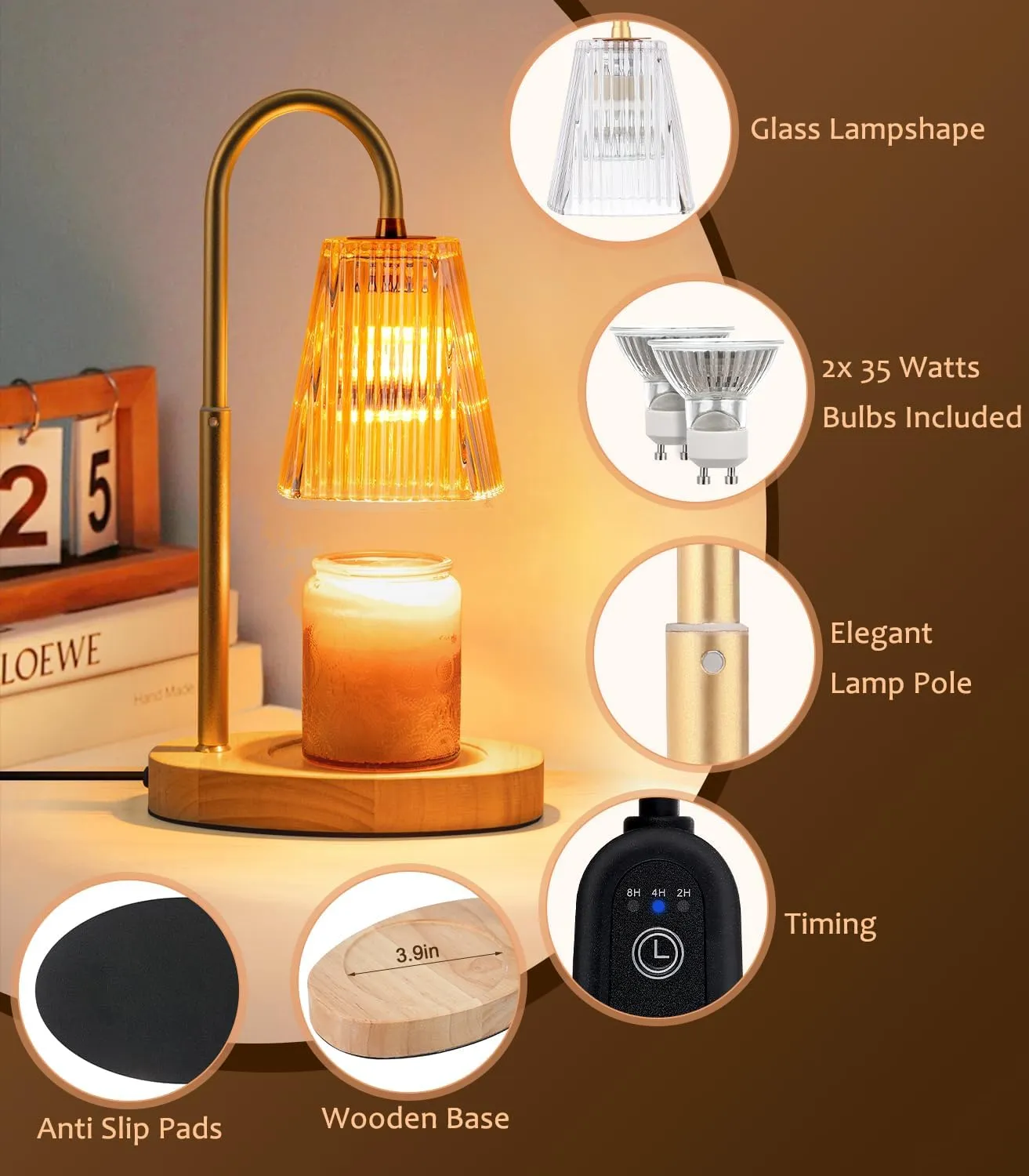 Candle Warmer Lamp with Timer: Electric Candles Wax Warmers Glass Lamps for Jar Candles Burner Adjustable Height and Dimmable Light Modern No Flame Scented Candle Warming Lantern
