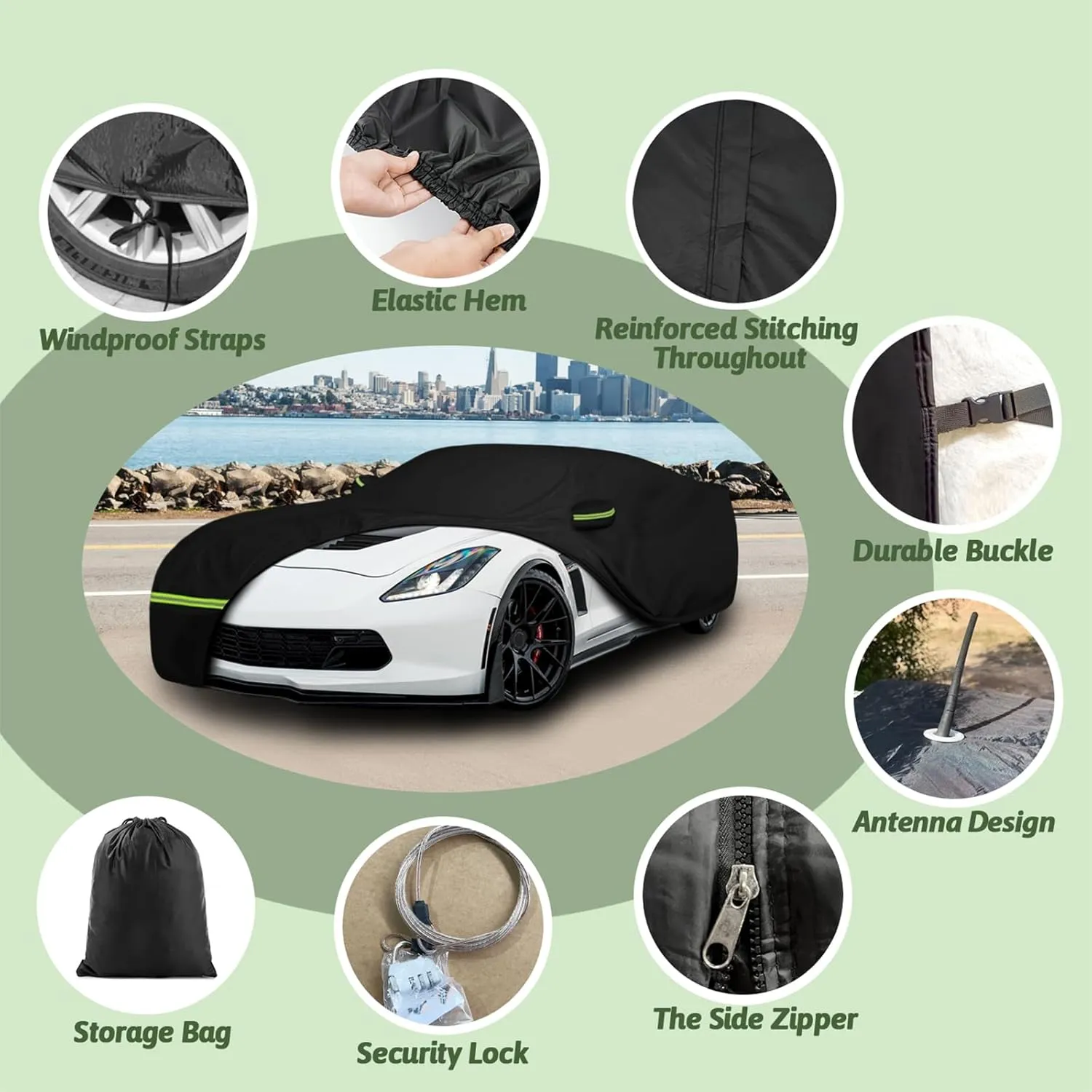 Car Cover for 2014-2019 Corvette C7 Stingray Corvette Z51 Z06, 6 Layers Waterproof Sun Rain UV Dust Snow Protection Outdoor C7 Full Car Cover with Zipper Door and Windproof Straps-Black