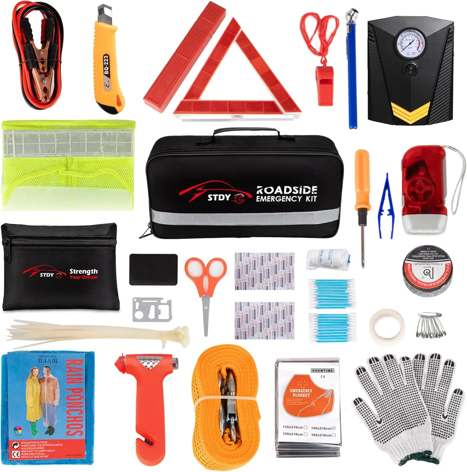 Car Roadside Emergency Kit, Vehicle Truck Safety Road Side Assistance Kits Auto Accessory, with Jumper Cables, Portable Air Compressor, etc