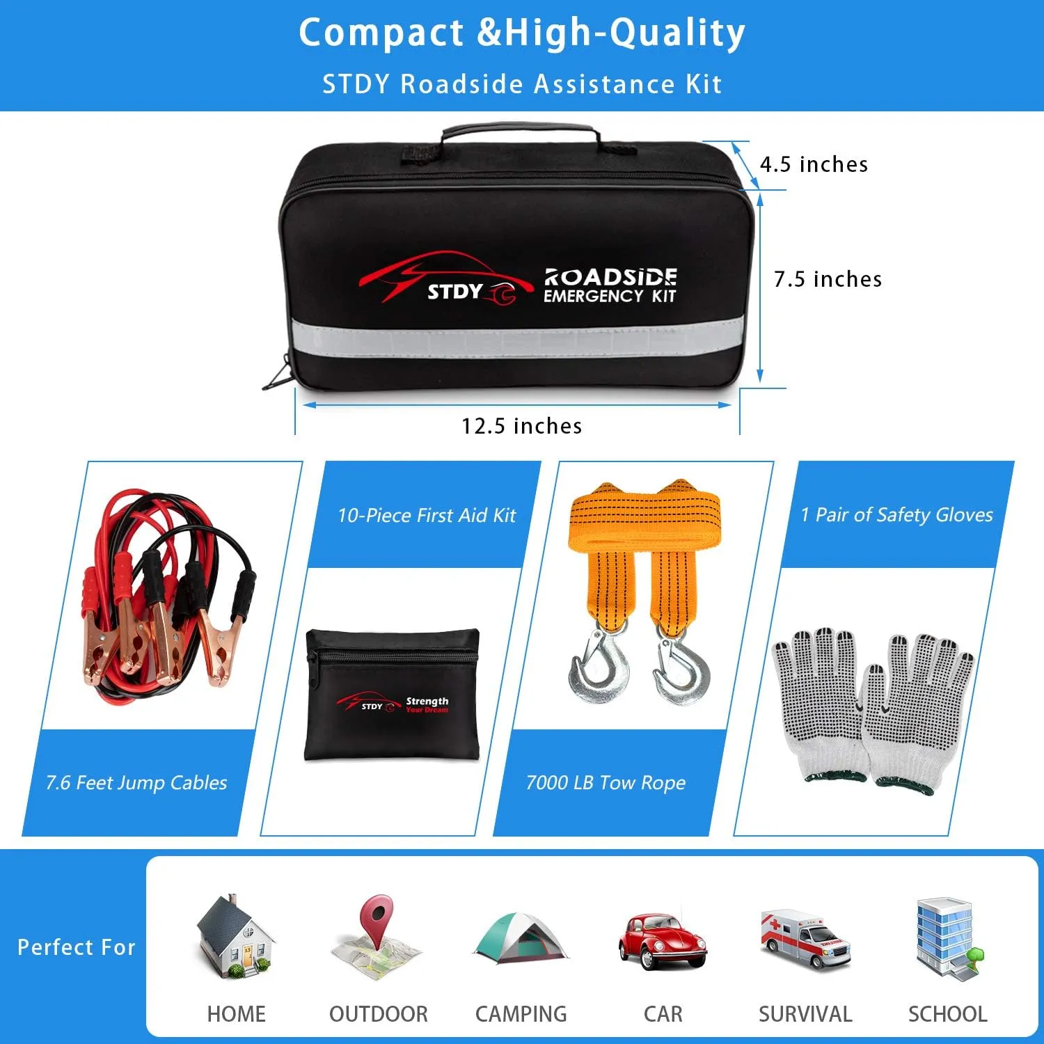 Car Roadside Emergency Kit, Vehicle Truck Safety Road Side Assistance Kits Auto Accessory, with Jumper Cables, Portable Air Compressor, etc