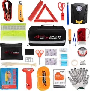 Car Roadside Emergency Kit, Vehicle Truck Safety Road Side Assistance Kits Auto Accessory, with Jumper Cables, Portable Air Compressor, etc