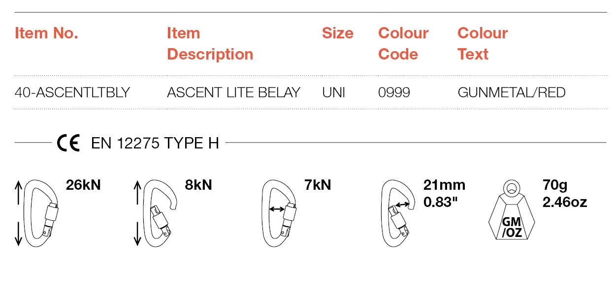Carabiner Ascent Customer-oriented Lite Fully integrated Screwgate Belay