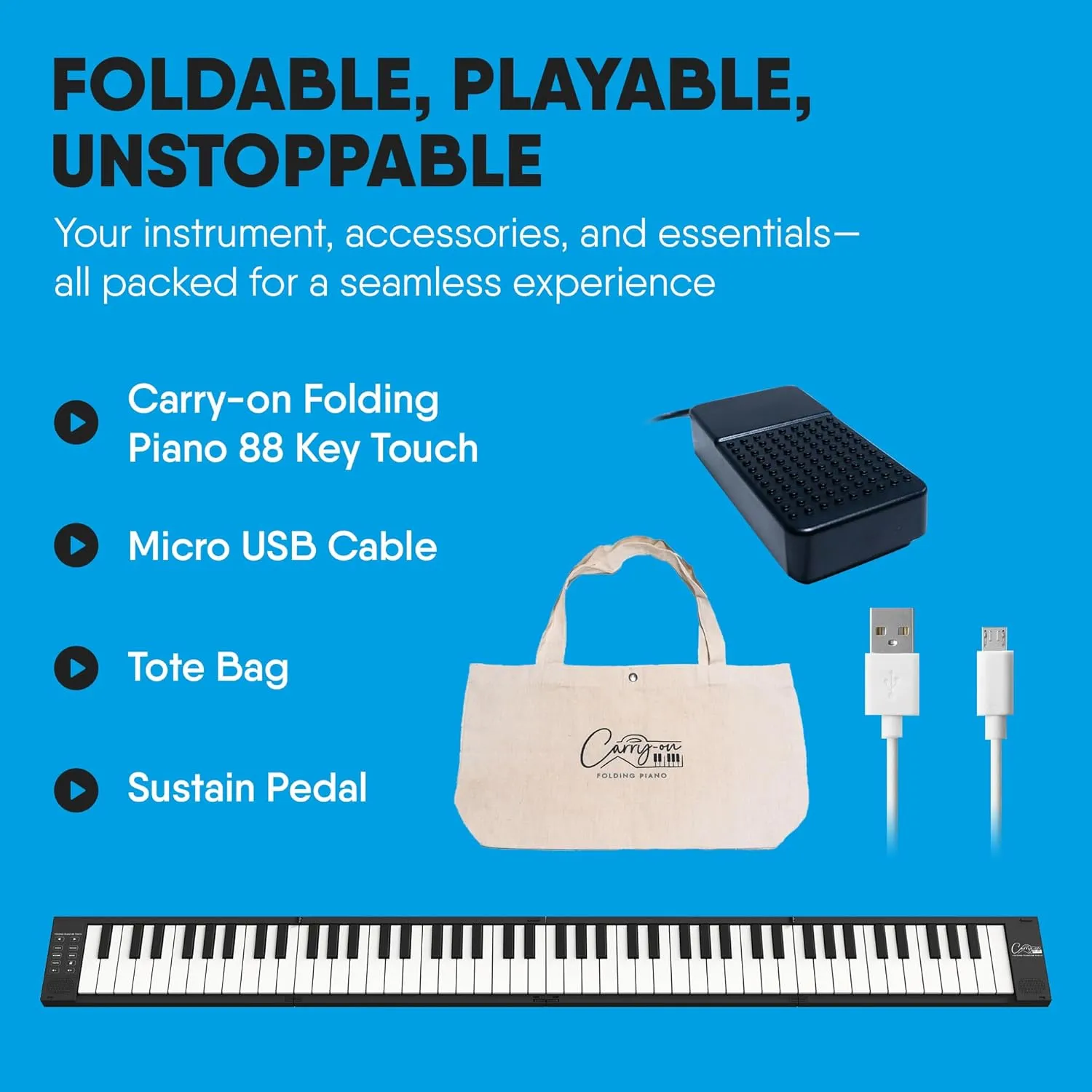 Carry-on 88 Key Folding Piano - Ultra-Portable and Full-Sized with 128 Voices and USB MIDI Connectivity - Travel Piano Keyboard Perfect for Practice, Travel, and Performances - Black