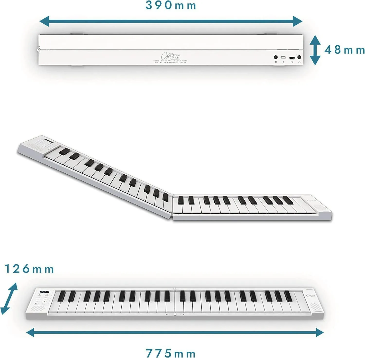 Carry-on Folding Piano 49 Touch - Ultra-Portable Piano with 128 Voices, USB and Bluetooth MIDI Connectivity - Portable Piano keyboard for Travel Suitable for Practice and Performances - White