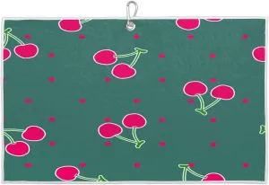Cherries Green Golf Towel with Heavy Duty Carabiner Ultra Absorbent Quick Dry Perfect for Cleaning Clubs Balls Gear Essential Golf Accessory for Men Women Kids