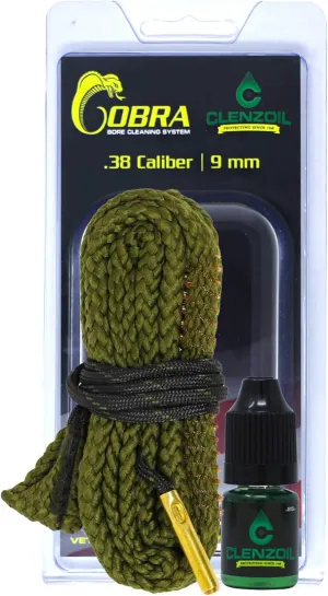 Clenzoil Cobra Bore Cleaning System - Efficient, Easy Gun Cleaning Kit - Includes CLP Gun Bore Cleaner - with Integrated Brass Bore Brush - Woven Cotton Rope - for 38 Caliber & 9 mm Pistols