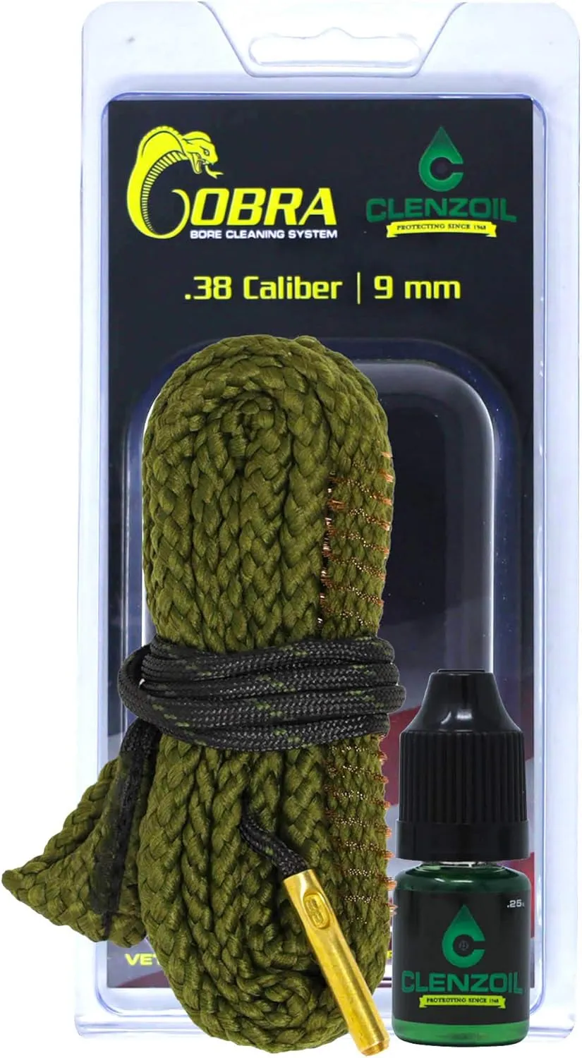 Clenzoil Cobra Bore Cleaning System - Efficient, Easy Gun Cleaning Kit - Includes CLP Gun Bore Cleaner - with Integrated Brass Bore Brush - Woven Cotton Rope - for 38 Caliber & 9 mm Pistols