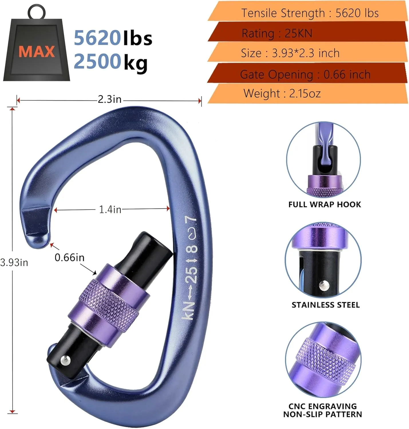 Climbing Locking Carabiner Clip Rappelling - Thorn 25KN Heavy Duty Large Screwgate Carabiners Clips for Rock Climbing,Mountaineer,Hammock,Camping,Gym