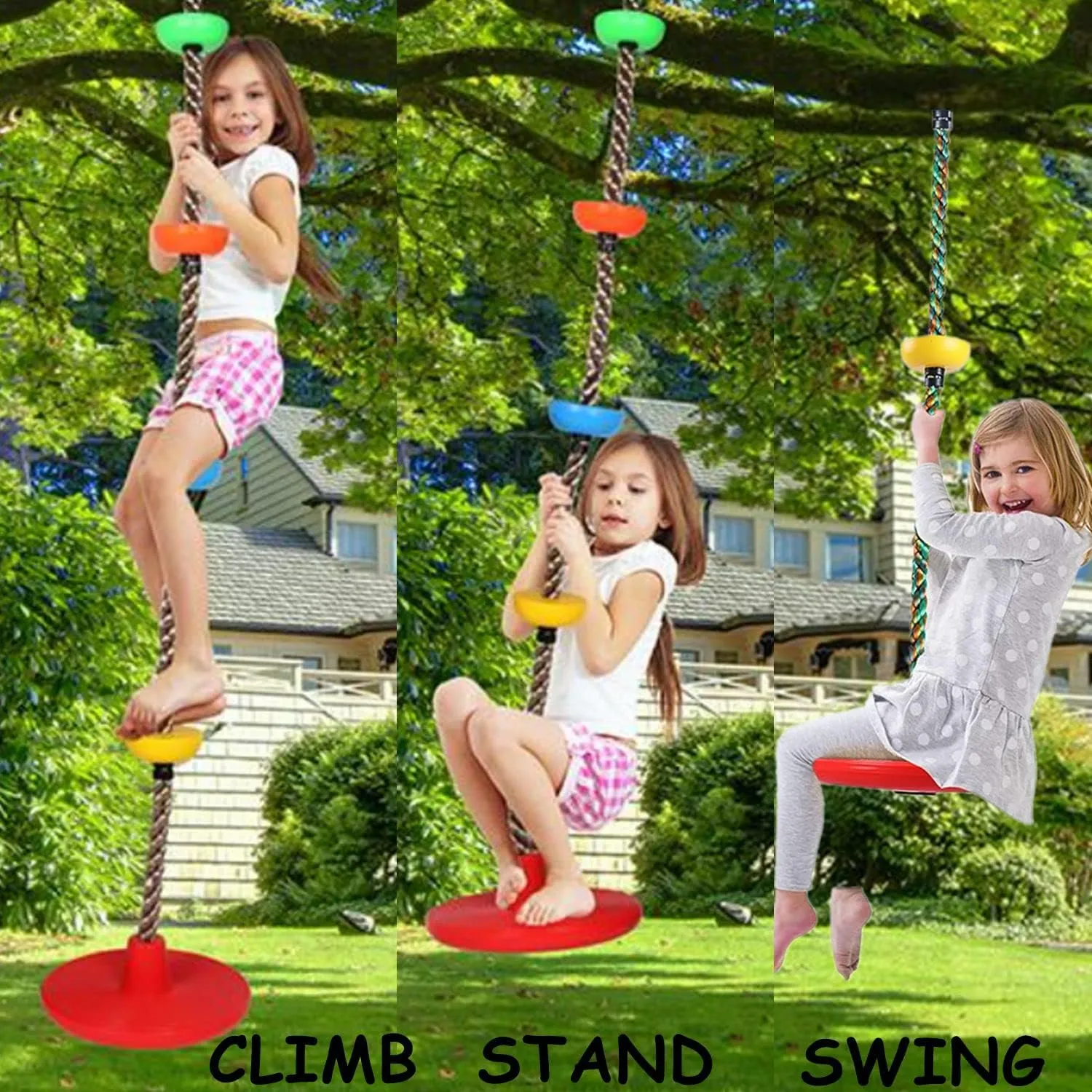 Climbing Rope with Platforms for Kids,Disc Tree Swing Seat Set Including Hanging Strap and Carabiner,Outdoor Rope Swing Playground Equipment Playset (Blue)