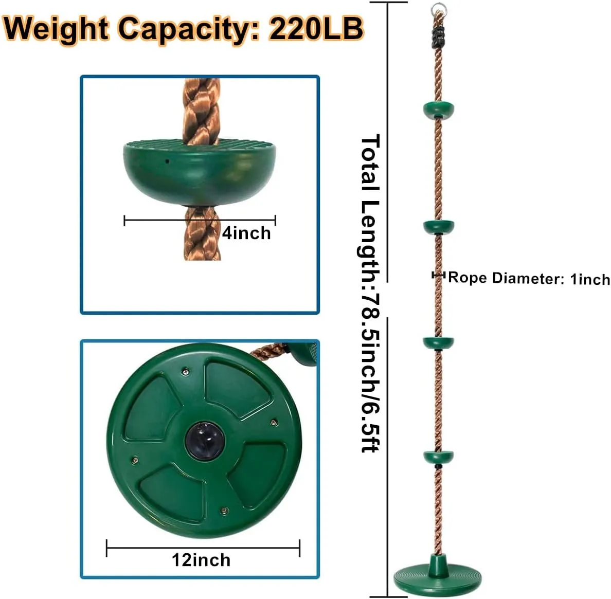 Climbing Rope with Platforms for Kids,Disc Tree Swing Seat Set Including Hanging Strap and Carabiner,Outdoor Rope Swing Playground Equipment Playset (Blue)