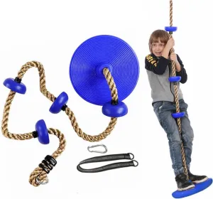 Climbing Rope with Platforms for Kids,Disc Tree Swing Seat Set Including Hanging Strap and Carabiner,Outdoor Rope Swing Playground Equipment Playset (Blue)
