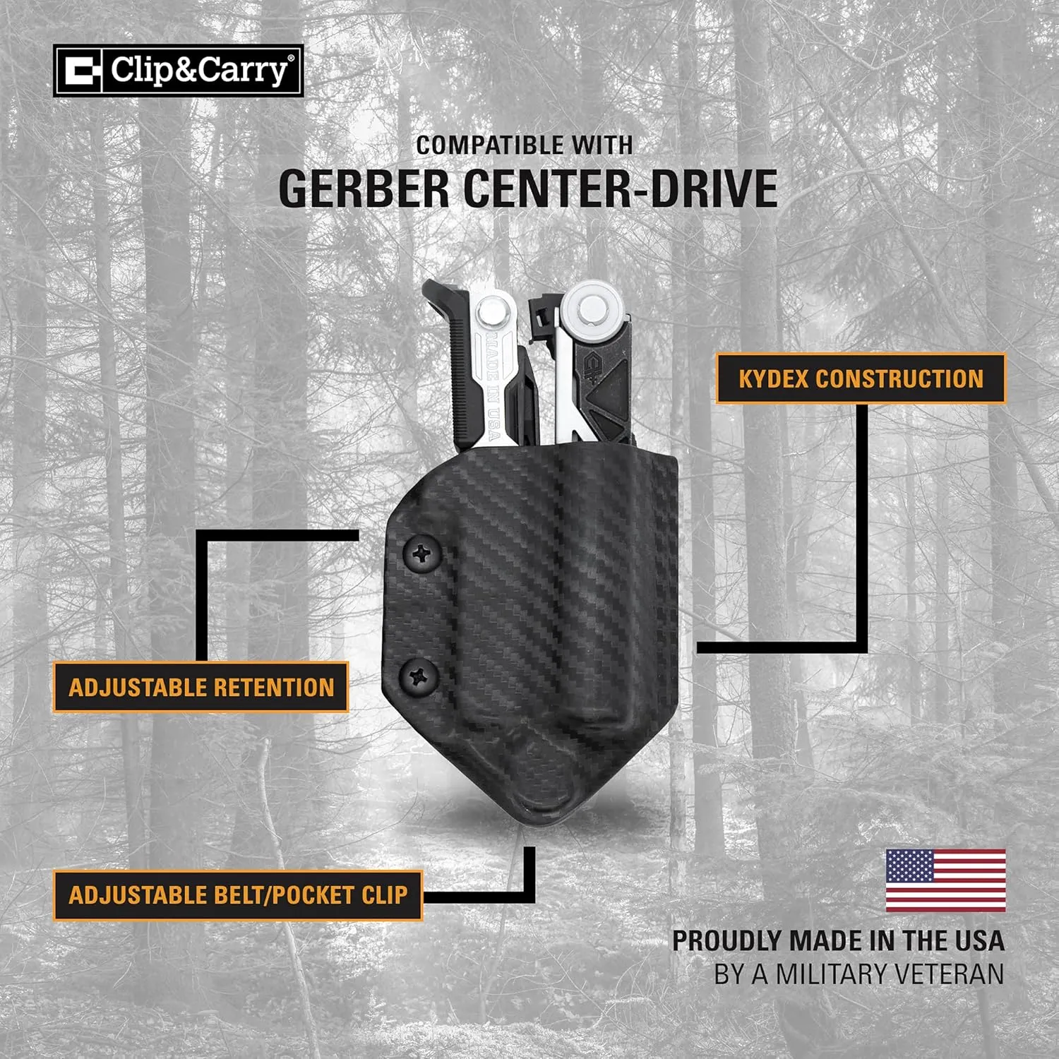 Clip & Carry Kydex Multitool Sheath for GERBER CENTER-DRIVE w/Optional Bit Sidecar Holder ~ Made in USA (Multi-tool & Bits not included) Multi Tool Holster (CARBON FIBER ORANGE, TOOL SHEATH ONLY)