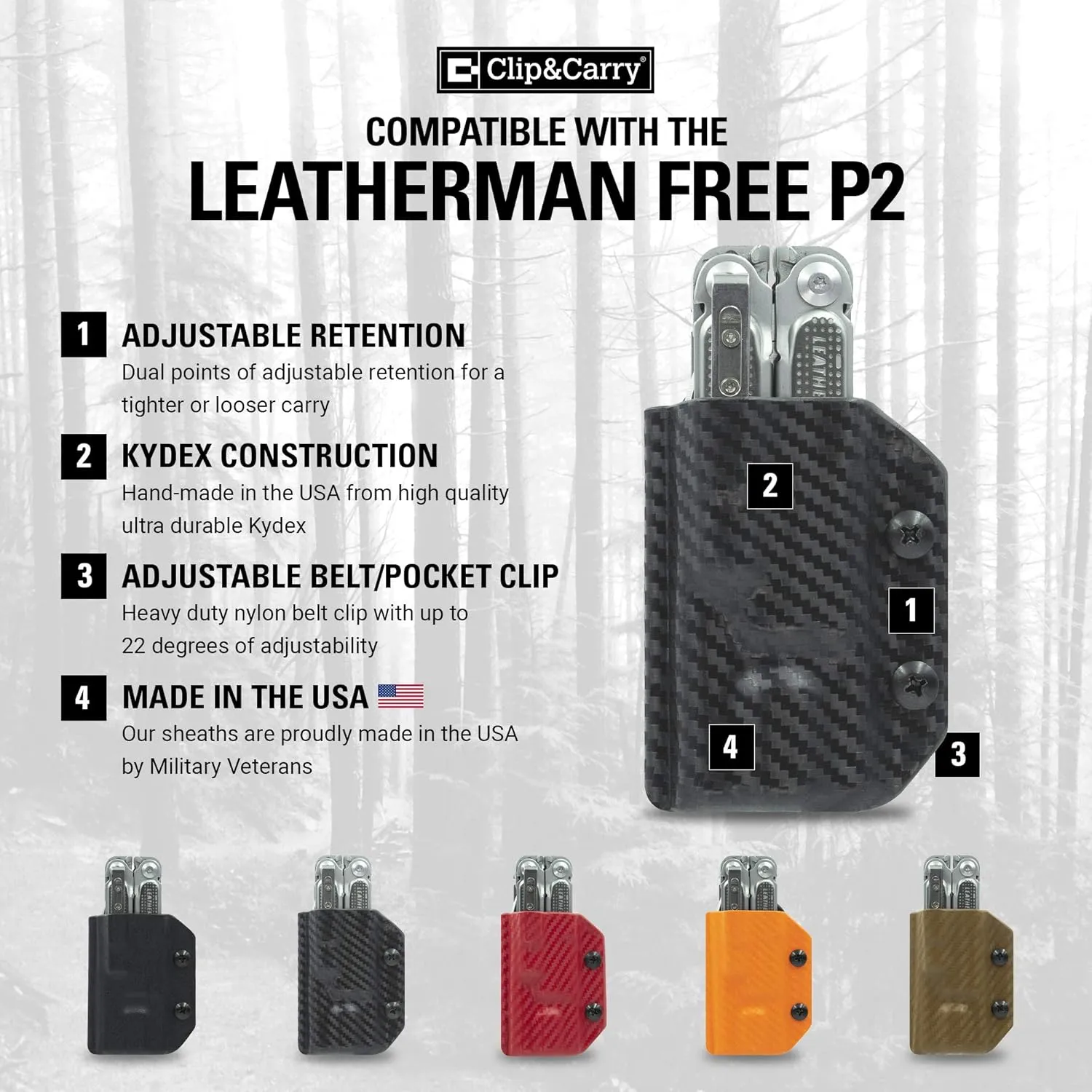 Clip & Carry Kydex Multitool Sheath for LEATHERMAN FREE P2 - Made in USA (Multi-tool not included) EDC Multi Tool Holder Holster Cover (Carbon Fiber Orange)