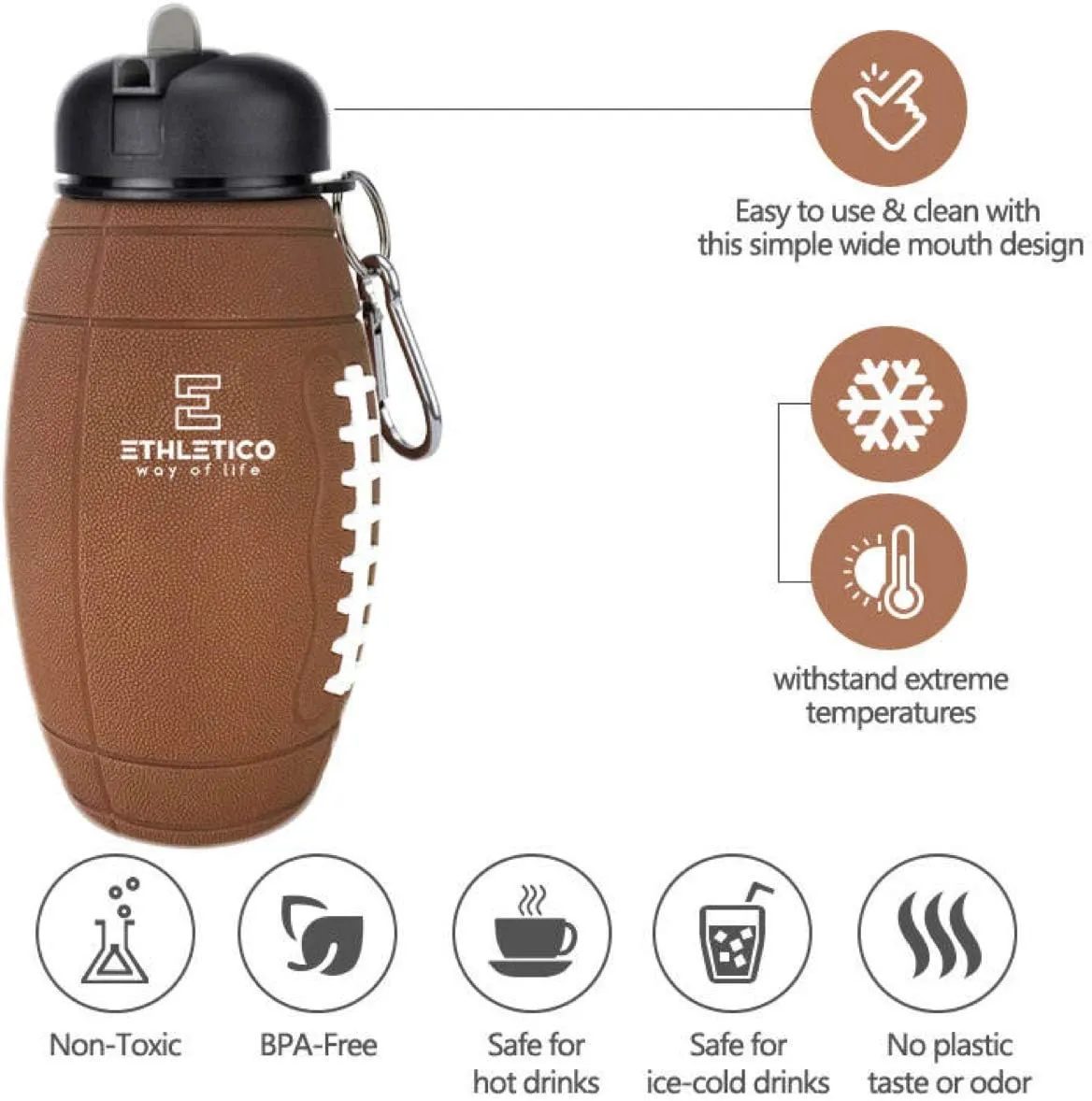 Clip-On Collapsible BPA-Free Silicone American Football Water Bottle for Kids, 20 Oz. Size
