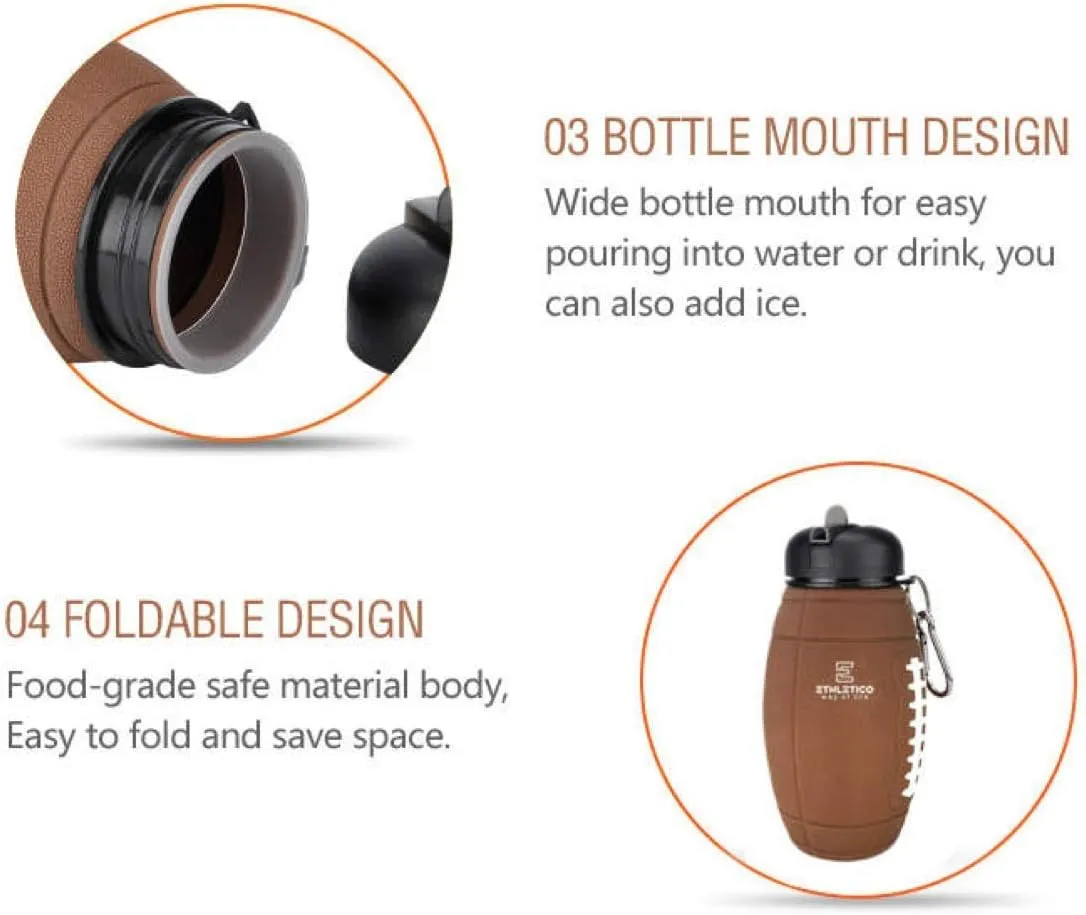 Clip-On Collapsible BPA-Free Silicone American Football Water Bottle for Kids, 20 Oz. Size