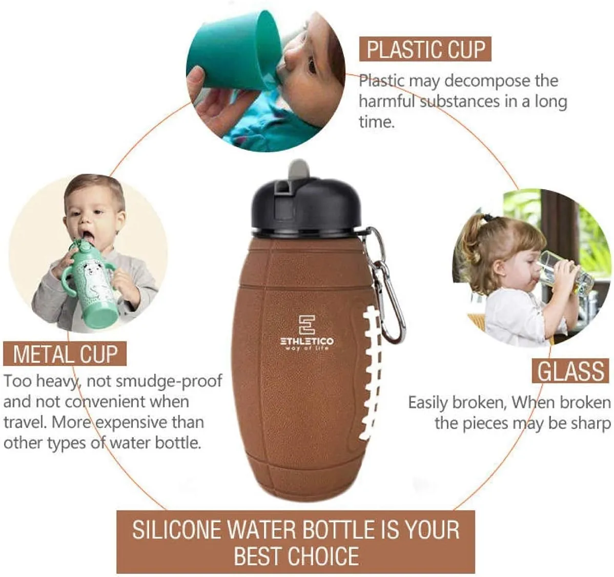 Clip-On Collapsible BPA-Free Silicone American Football Water Bottle for Kids, 20 Oz. Size