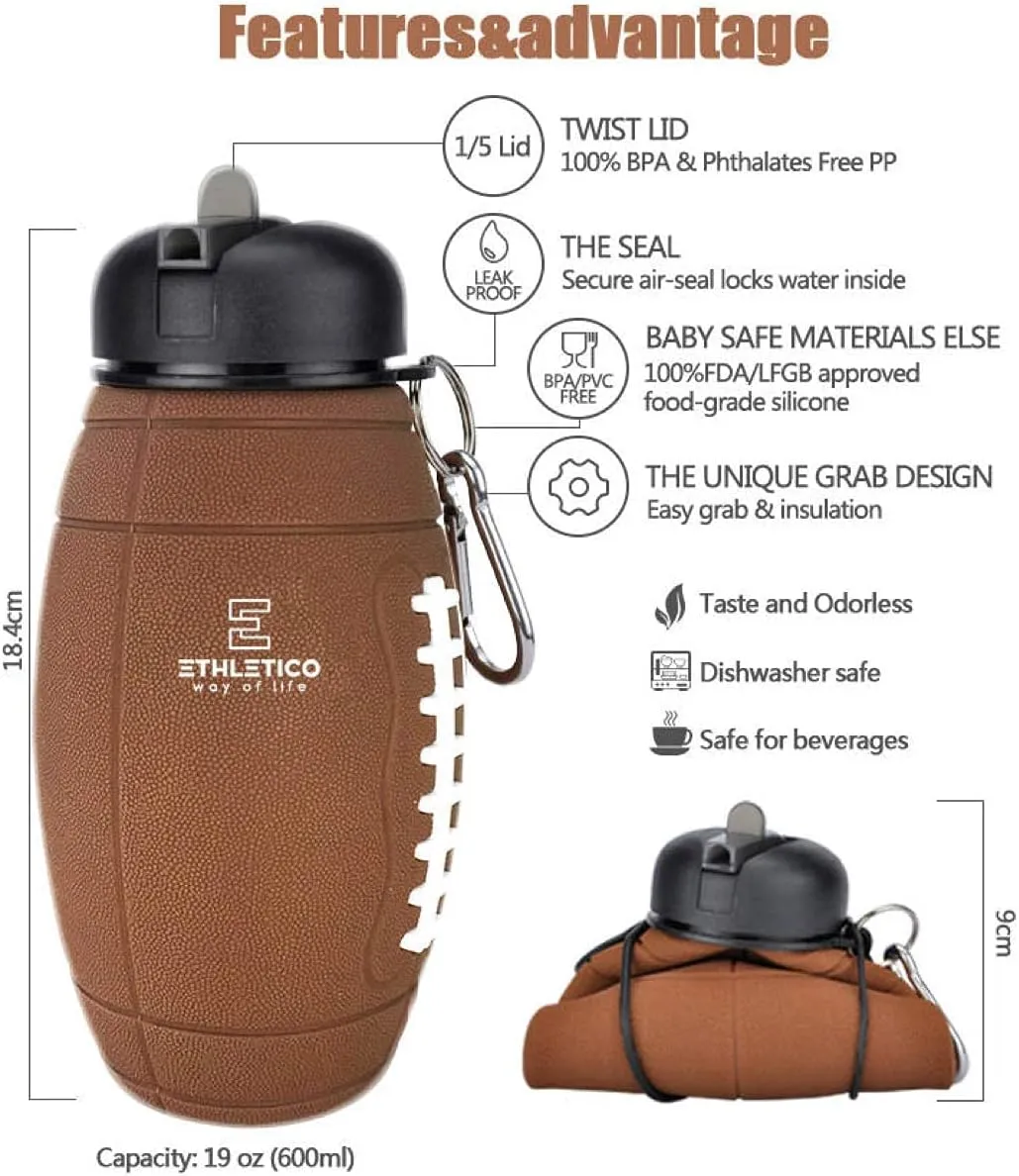 Clip-On Collapsible BPA-Free Silicone American Football Water Bottle for Kids, 20 Oz. Size