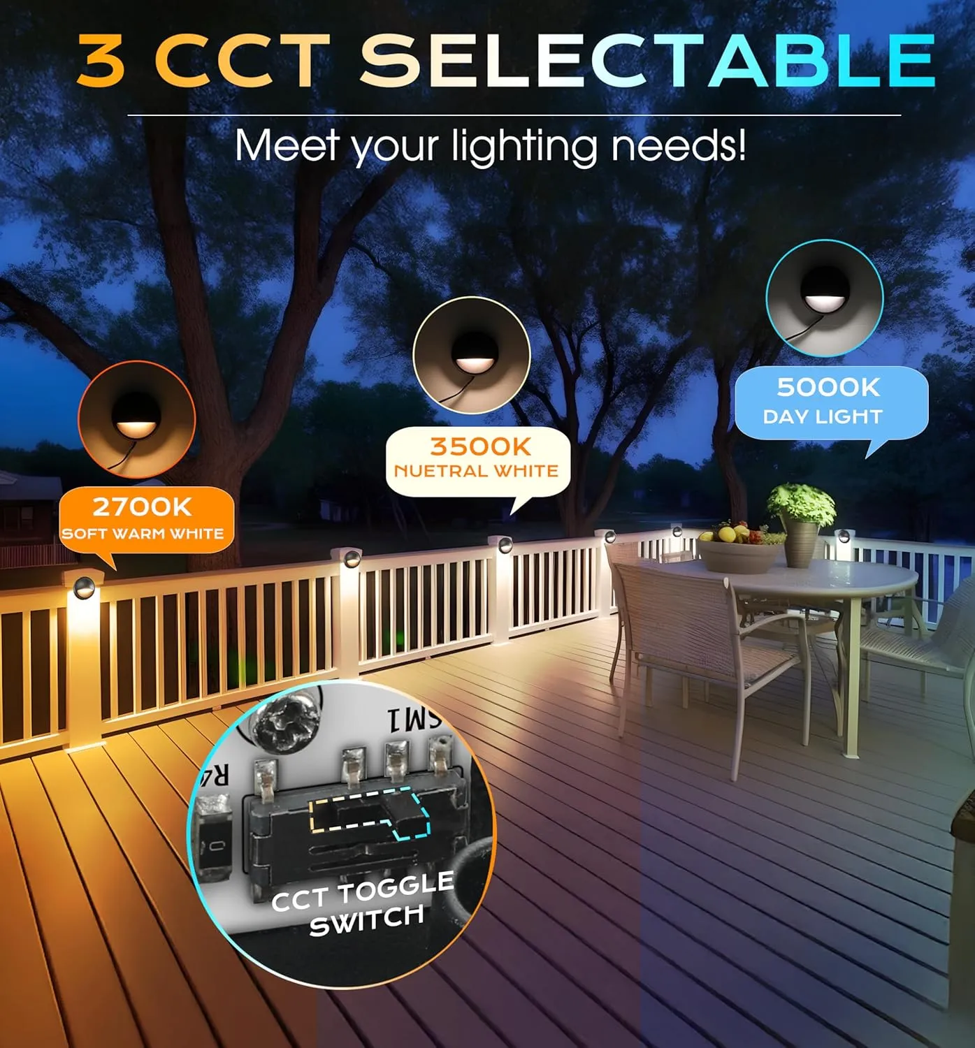 CLOUDY BAY [6 Pack] 3CCT Low Voltage LED Deck Lights Outdoor,2700K/3500K/5000K Selectable,Landscape Step Stair Railing Fence Light Wired,3W,12V-24V AC/DC,Bronze