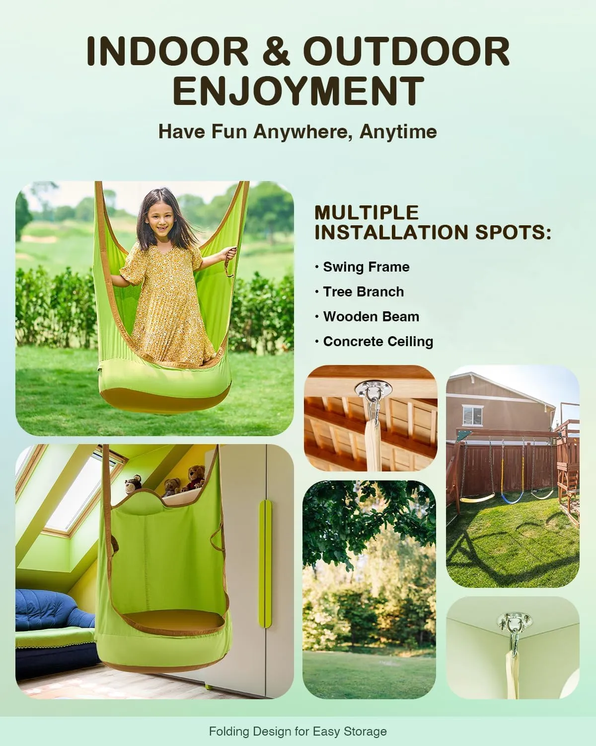 CO-Z Upgraded Kids Hanging Pod Swing Chair with Inflatable Cushion, Child Hanging Hammock for Indoor and Outdoor, Sensory Pod Swing for Kids (Two Straps, Green)