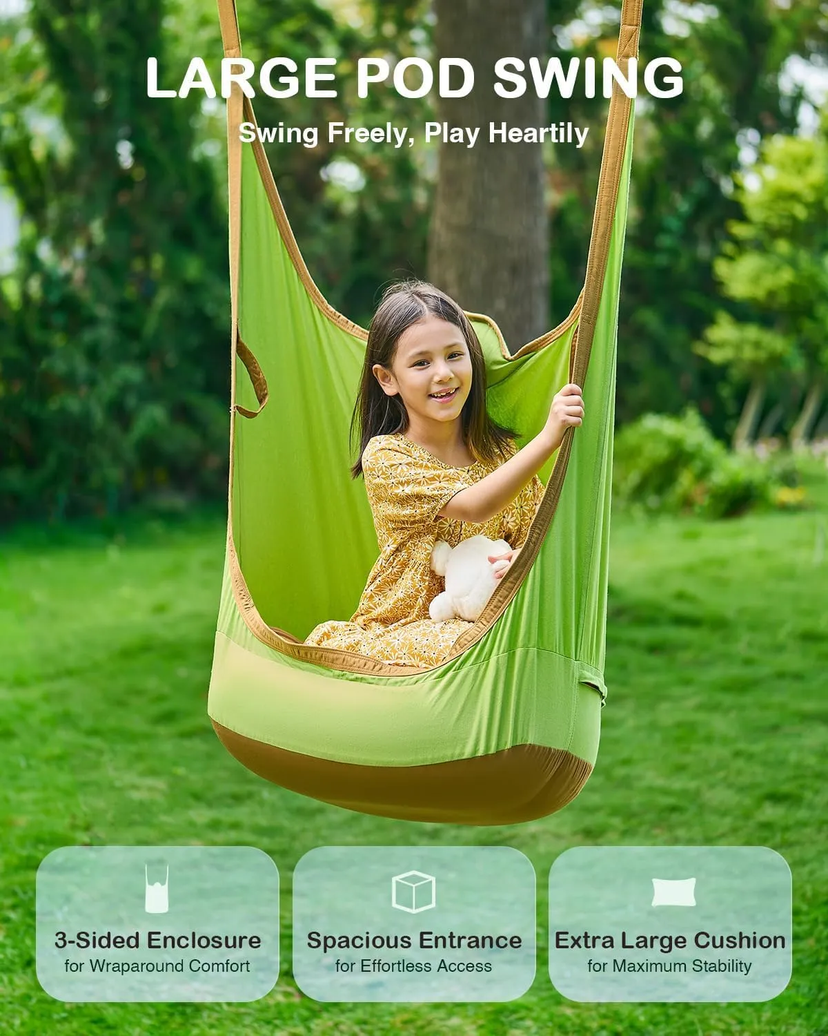 CO-Z Upgraded Kids Hanging Pod Swing Chair with Inflatable Cushion, Child Hanging Hammock for Indoor and Outdoor, Sensory Pod Swing for Kids (Two Straps, Green)