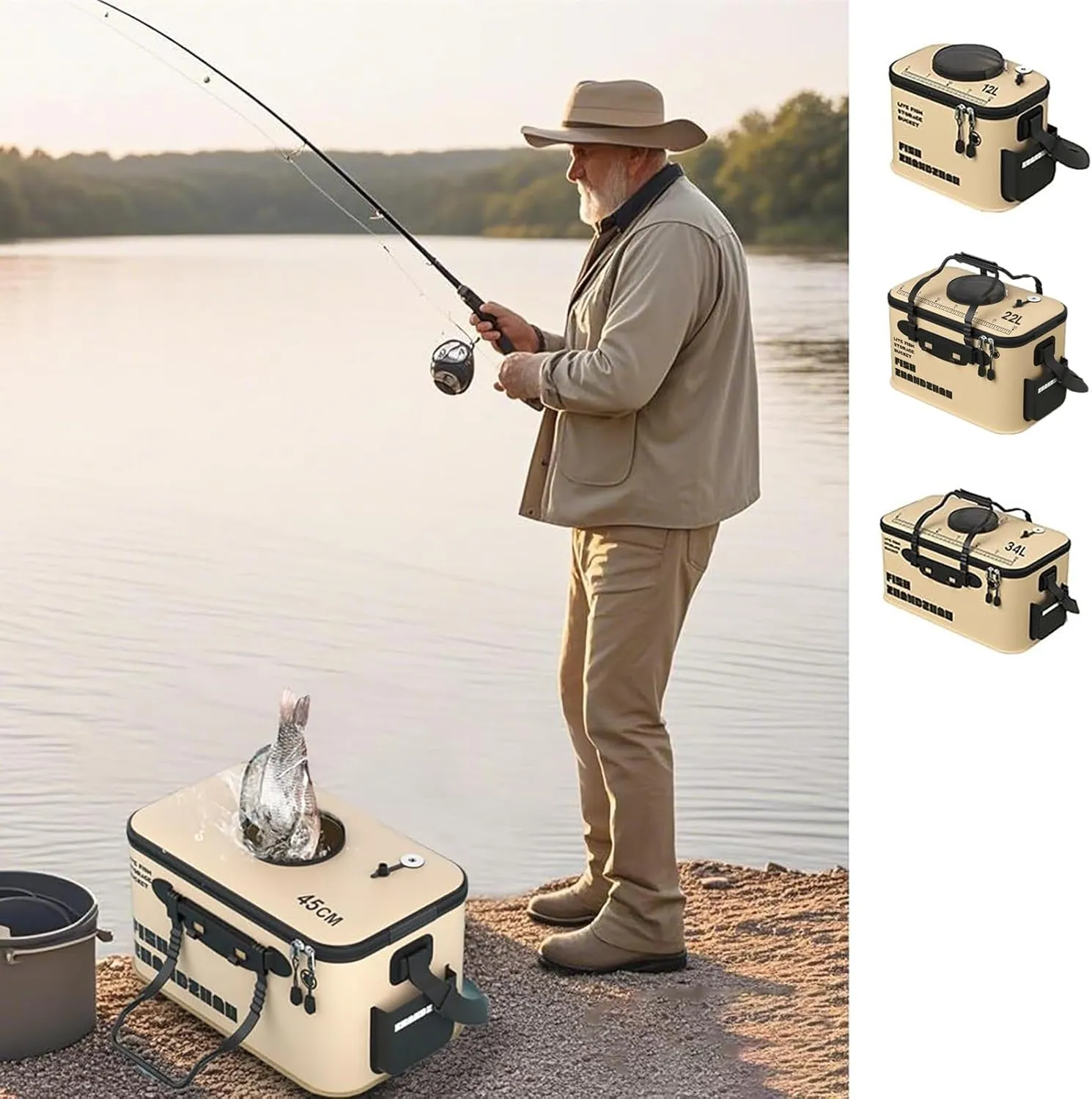 Collapsible Fishing Bucket 12L/22L/34L - Live Bait Container and Portable Bucket with Inflatable Hole, Collapsible Fish Transport Box for Camping, Fishing and Traveling (40CM-22L)