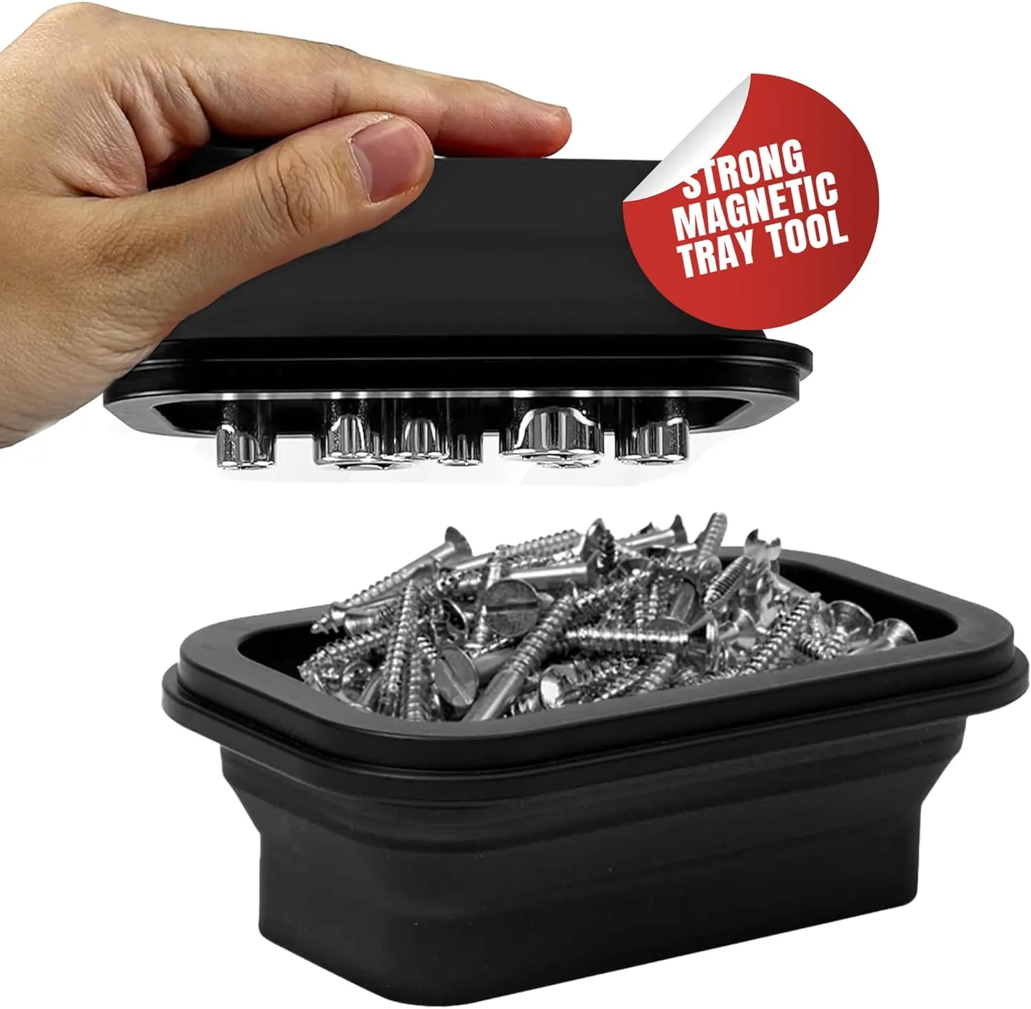 Collapsible Magnetic Tray Set of 3 Sizes – Foldable Silicone Tool Tray Organizer for Screws, Bolts, Nuts, Washers, Pins, & Small Metal Parts with Durable Magnetic Base (Black)