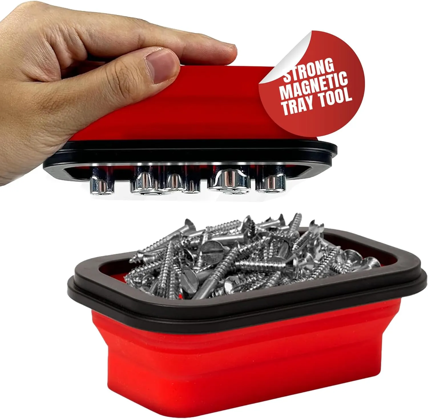 Collapsible Magnetic Tray Set of 3 Sizes – Foldable Silicone Tool Tray Organizer for Screws, Bolts, Nuts, Washers, Pins, & Small Metal Parts with Durable Magnetic Base (Red)