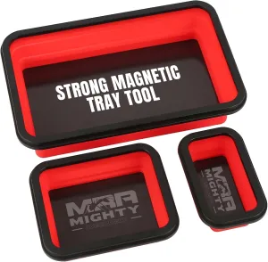 Collapsible Magnetic Tray Set of 3 Sizes – Foldable Silicone Tool Tray Organizer for Screws, Bolts, Nuts, Washers, Pins, & Small Metal Parts with Durable Magnetic Base (Red)