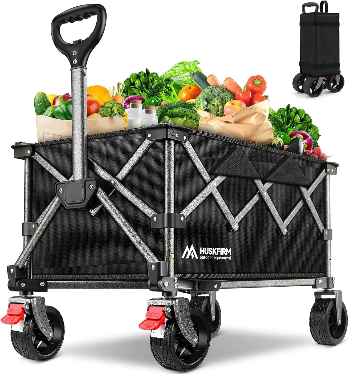 Collapsible Wagon Cart with Wheels Foldable Compact Grocery Wagons with 220LBS Weight Heavy Duty Folding Utility Portable Wagon for Groceries, Sports Garden Camping Fishing