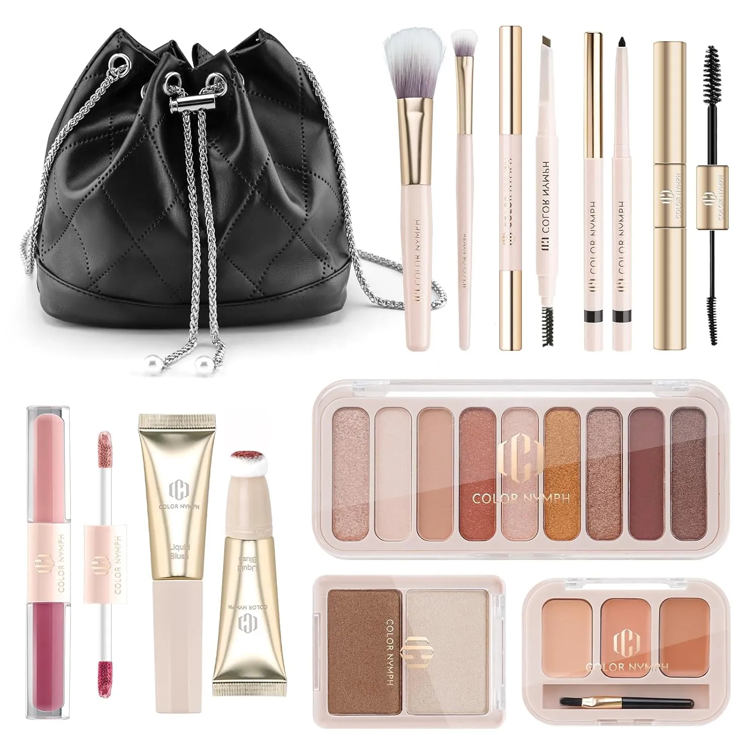 Color Nymph Beginners Makeup Kit for Teens Girls with Cosmetic Bag, Girls Makeup Kit For Women included 9 Color Eyeshadow Palette Concealer Liquid Blush Eyeliner Lipgloss