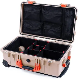 ColorCase Pelican Protector 1510 Carry-on Case Desert Tan - Medium Size Waterproof Case with TrekPak Divider System & Mesh Lid Organizer - Orange Handles & Latches