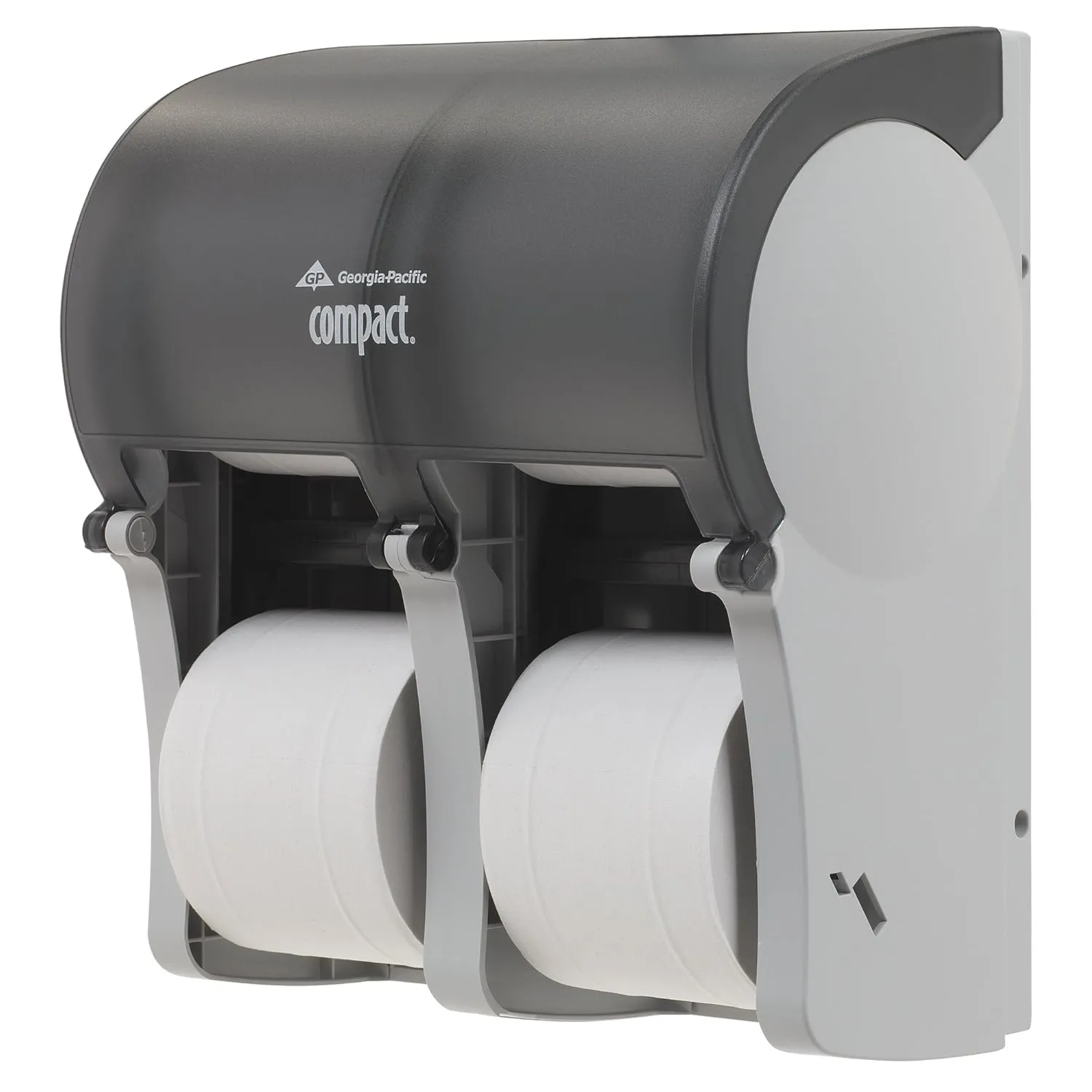 Compact 4-Roll Quad Coreless High-Capacity Toilet Paper Dispenser by GP PRO (Georgia-Pacific), Translucent Smoke, 56744, 11.750" W x 6.900" D x 13.250" H